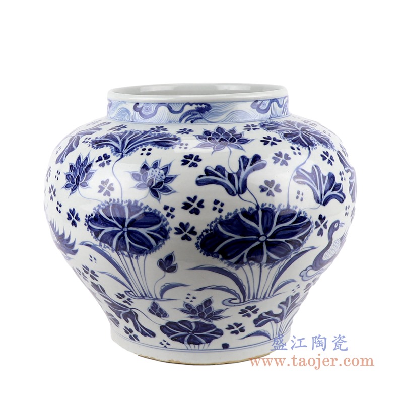 仿古元青花鸳鸯戏水荷花纹大罐;产品编号：RZKR36-E       产品尺寸(单位cm):  高：28.5直径：35口径：底径：21重量：5.75KG