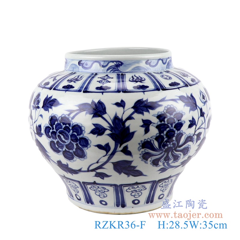 仿古元青花八宝缠枝莲大罐;产品编号：RZKR36-F       产品尺寸(单位cm):  高：28.5直径：35口径：底径：21重量：5.75KG