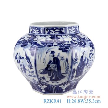 RZKR41   仿古元青花八仙人物八方罐    高：28.8直径：35.3口径：底径：20.5重量：6.55KG