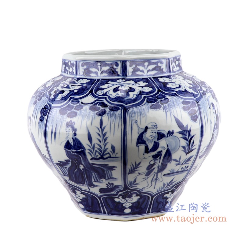 仿古元青花八仙人物八方罐;产品编号：RZKR41       产品尺寸(单位cm):  高：28.8直径：35.3口径：底径：20.5重量：6.55KG