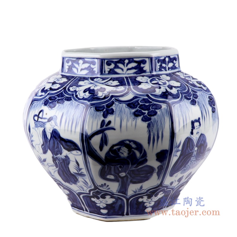 仿古元青花八仙人物八方罐;产品编号：RZKR41       产品尺寸(单位cm):  高：28.8直径：35.3口径：底径：20.5重量：6.55KG