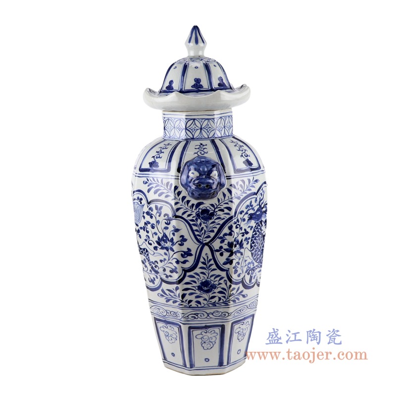 仿古元青花开窗麒麟纹双耳狮子八方将军罐;产品编号：RZKR43       产品尺寸(单位cm):  高：59直径：28口径：底径：15.5重量：5.7KG