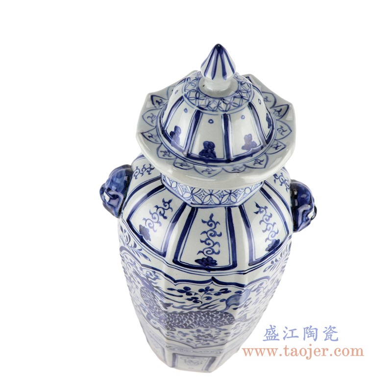仿古元青花开窗麒麟纹双耳狮子八方将军罐;产品编号：RZKR43       产品尺寸(单位cm):  高：59直径：28口径：底径：15.5重量：5.7KG