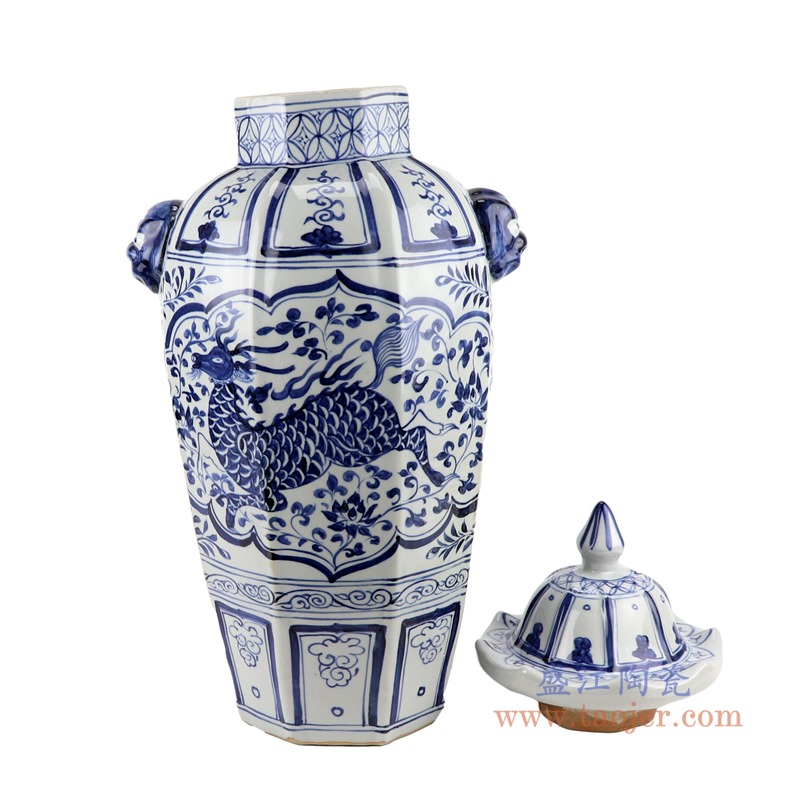 仿古元青花开窗麒麟纹双耳狮子八方将军罐;产品编号：RZKR43       产品尺寸(单位cm):  高：59直径：28口径：底径：15.5重量：5.7KG