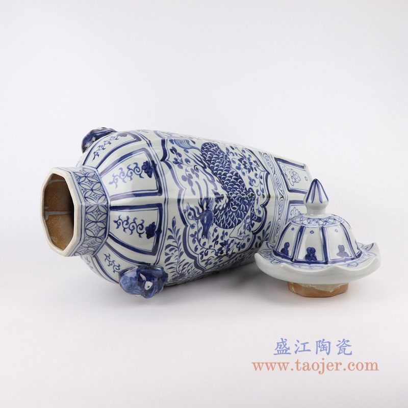 仿古元青花开窗麒麟纹双耳狮子八方将军罐;产品编号：RZKR43       产品尺寸(单位cm):  高：59直径：28口径：底径：15.5重量：5.7KG