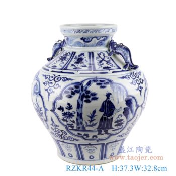 RZKR44-A   仿古元青花双鱼耳开窗八宝人物大罐     高：37.3直径：32.8口径：底径：18.7重量：6.9KG