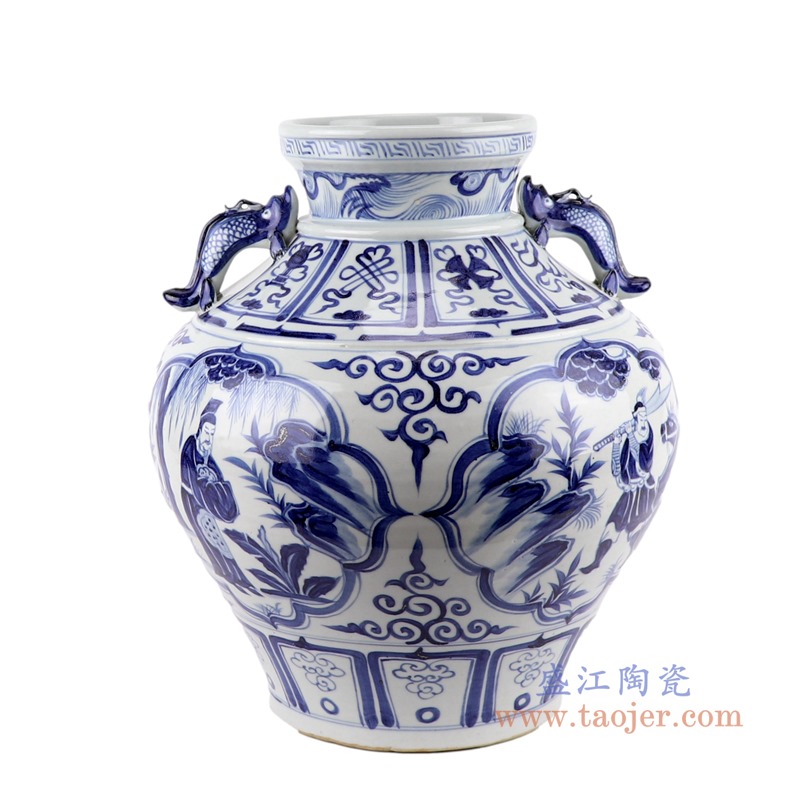 仿古元青花双鱼耳开窗八宝人物大罐;产品编号：RZKR44-A       产品尺寸(单位cm):  高：37.3直径：32.8口径：底径：18.7重量：6.9KG