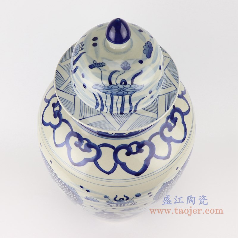 青花鱼藻纹荷花将军罐;产品编号:RZKY32 产品尺寸(单位cm): 高:55直径:27口径:底径:18重量:9.36KG