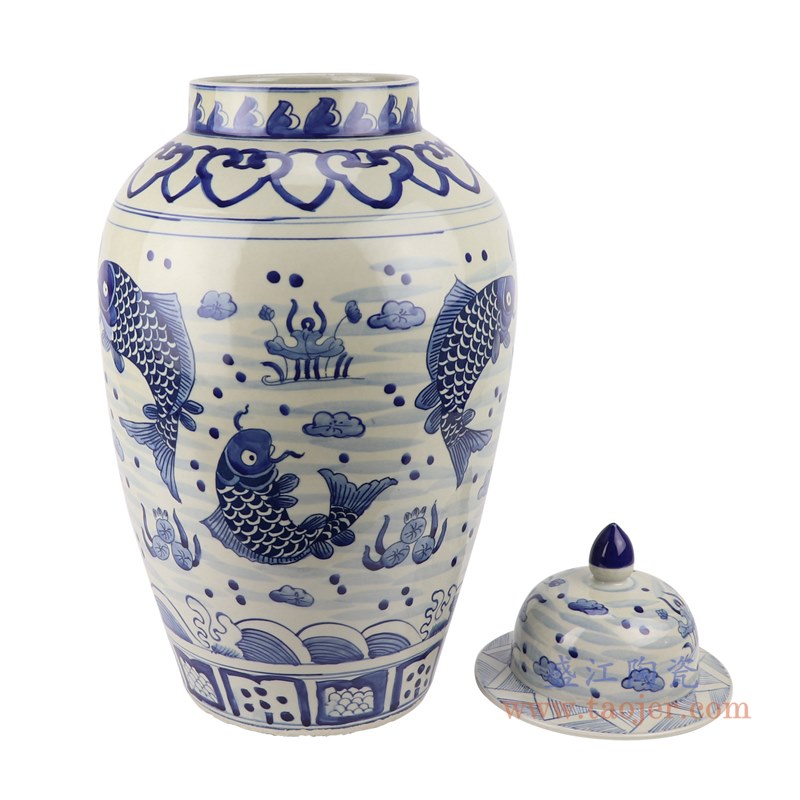 青花鱼藻纹荷花将军罐;产品编号:RZKY32 产品尺寸(单位cm): 高:55直径:27口径:底径:18重量:9.36KG
