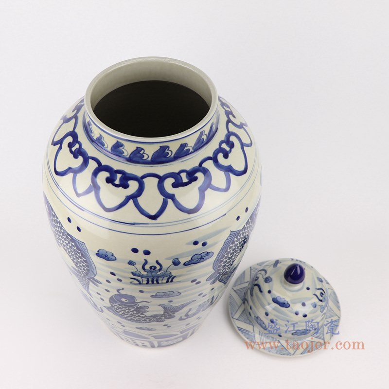青花鱼藻纹荷花将军罐;产品编号:RZKY32 产品尺寸(单位cm): 高:55直径:27口径:底径:18重量:9.36KG