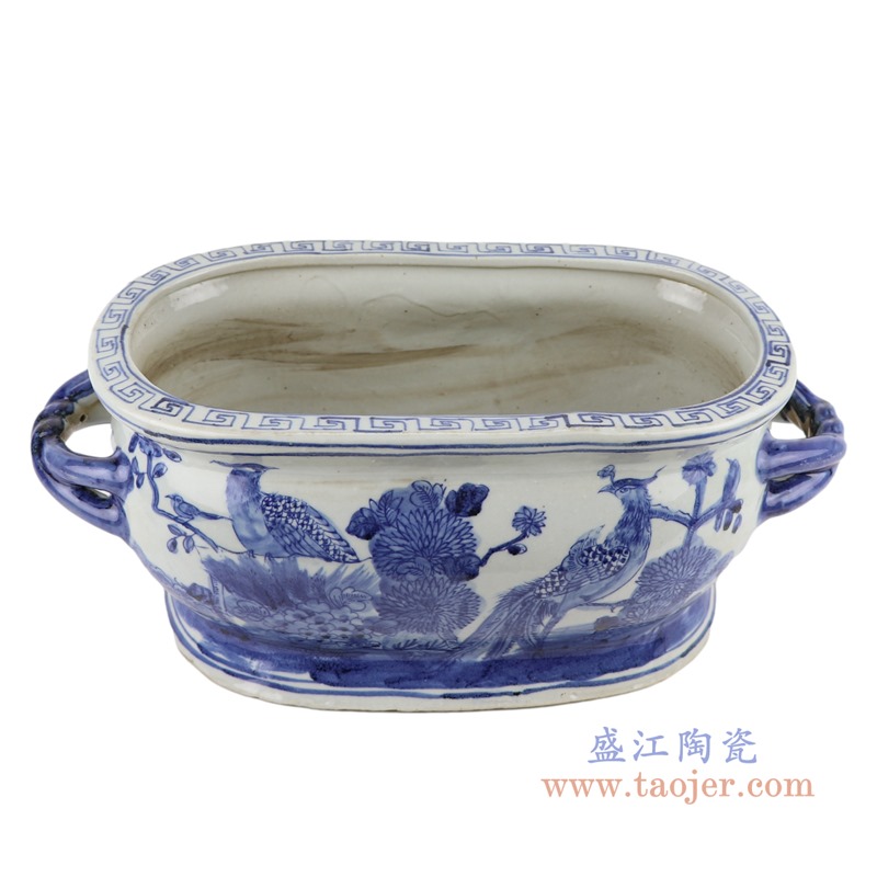 仿古青花花鸟凤凰双耳椭圆花盆小号;产品编号：RZSC21-A       产品尺寸(单位cm):  高：18直径：44.5口径：底径：32.5重量：5.15KG