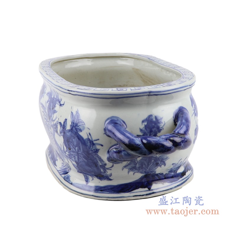 仿古青花寿桃凤凰双耳椭圆花盆;产品编号：RZSC21-C       产品尺寸(单位cm):  高：18直径：44.5口径：底径：32.5重量：5.15KG