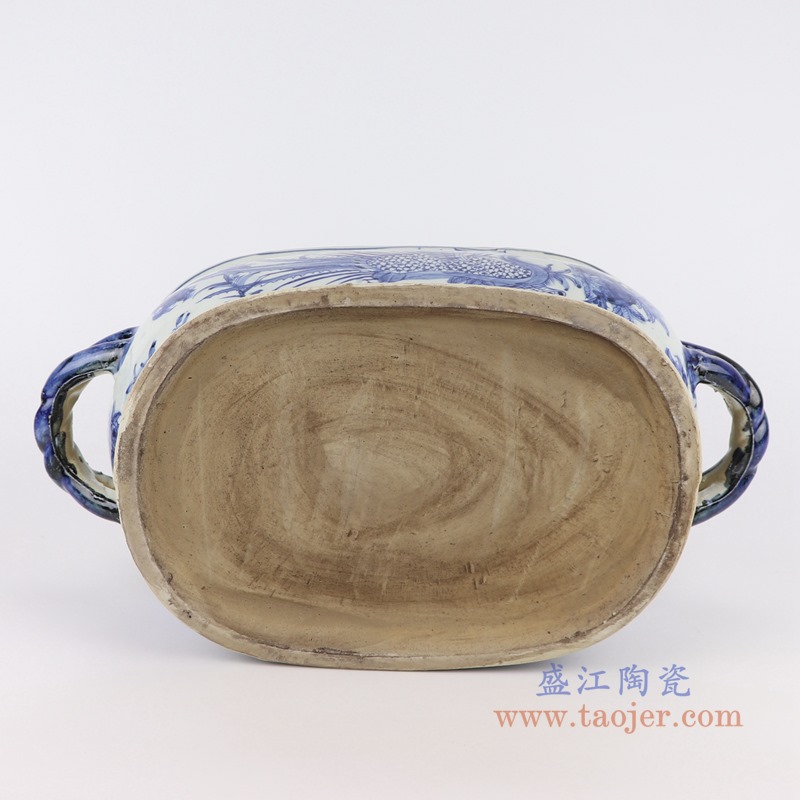 仿古青花寿桃凤凰双耳椭圆花盆;产品编号：RZSC21-C       产品尺寸(单位cm):  高：18直径：44.5口径：底径：32.5重量：5.15KG