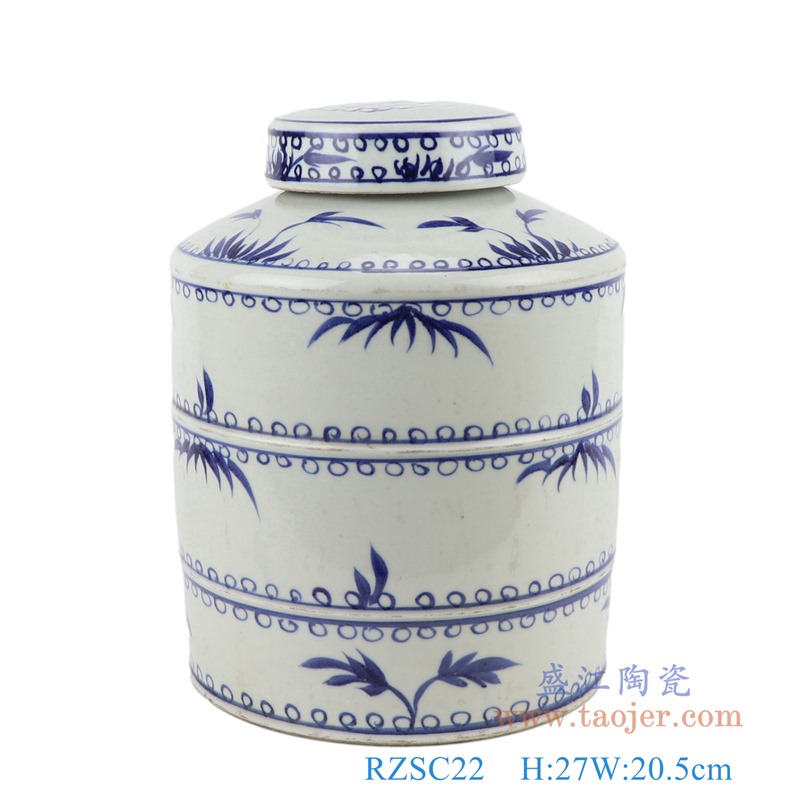 仿古青花竹纹竹节直筒罐茶叶罐;产品编号：RZSC22       产品尺寸(单位cm):  高：27直径：20.5口径：底径：19.3重量：3.8KG