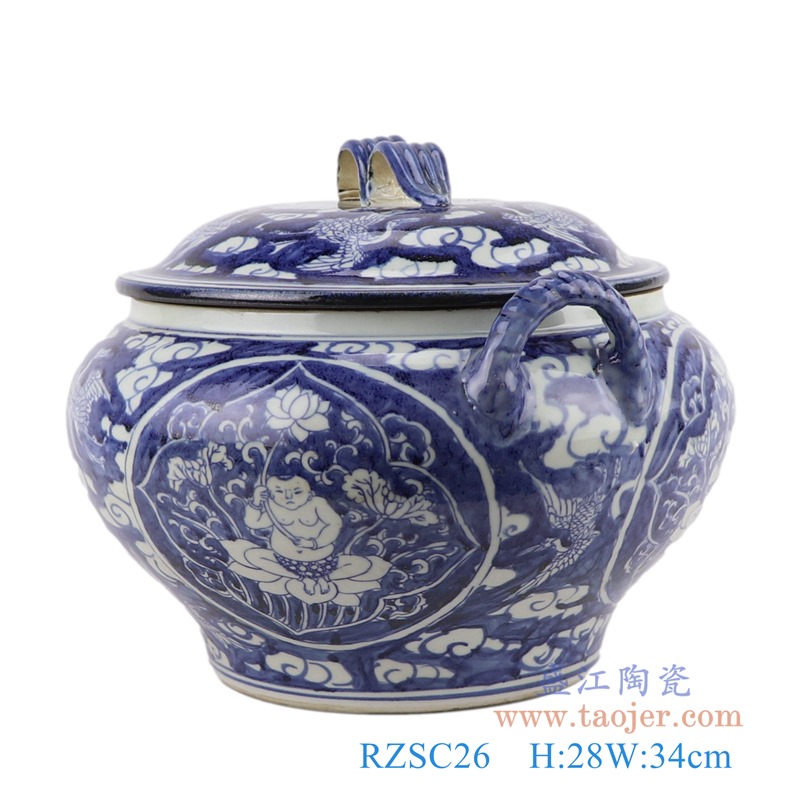 青花开窗人物仙鹤双耳盖罐;产品编号：RZSC26       产品尺寸(单位cm):  高：28直径：34口径：底径：19.8重量：6.9KG