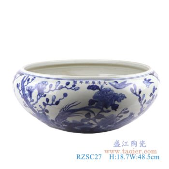 RZSC27   青花花鸟花钵水浅    高：18.7直径：48.5口径：底径：27重量：10.35KG