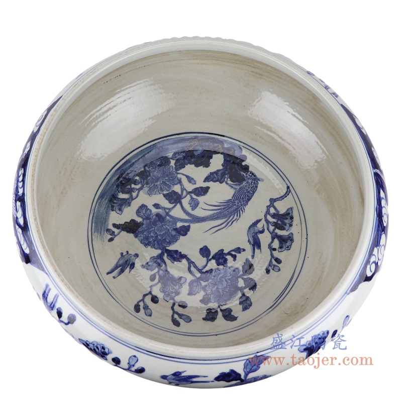 青花花鸟花钵水浅;产品编号：RZSC27       产品尺寸(单位cm):  高：18.7直径：48.5口径：底径：27重量：10.35KG