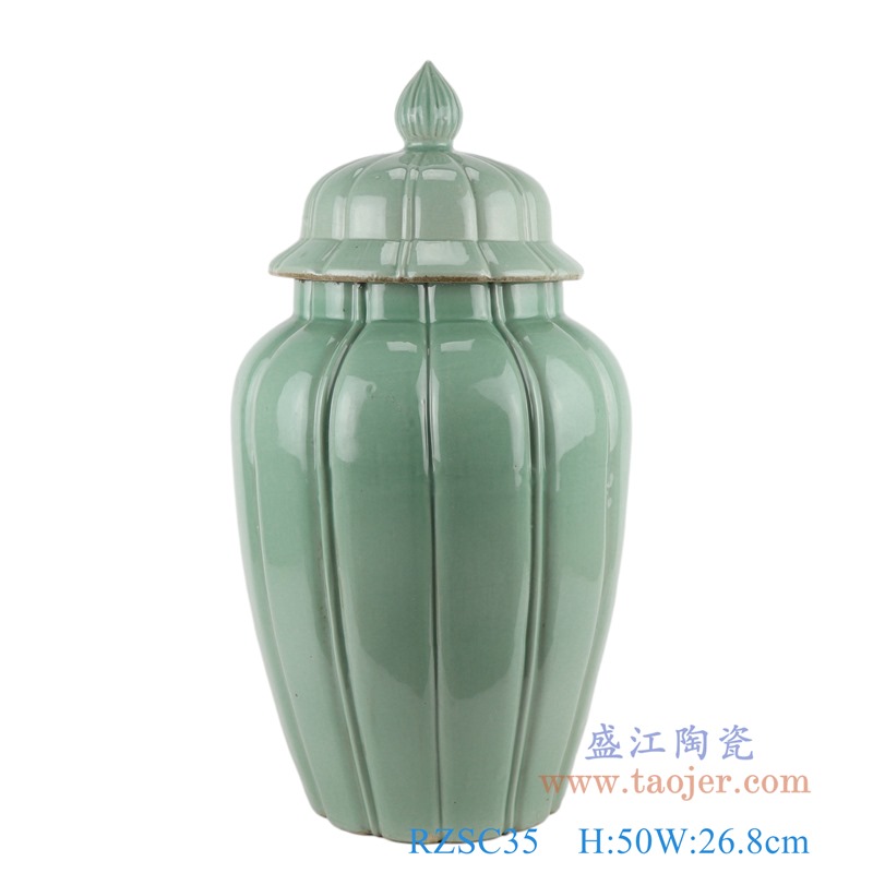颜色釉影青竖纹瓜楞将军罐;产品编号：RZSC35       产品尺寸(单位cm):  高：50直径：26.8口径：底径：25重量：8.5KG