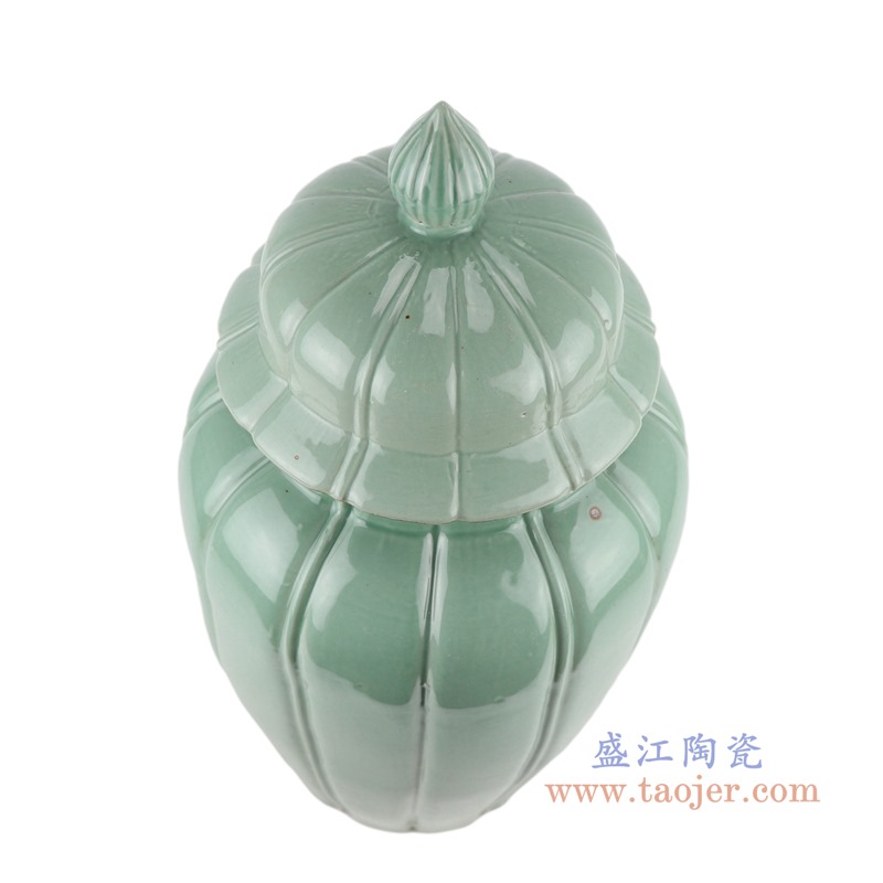 颜色釉影青竖纹瓜楞将军罐;产品编号：RZSC35       产品尺寸(单位cm):  高：50直径：26.8口径：底径：25重量：8.5KG