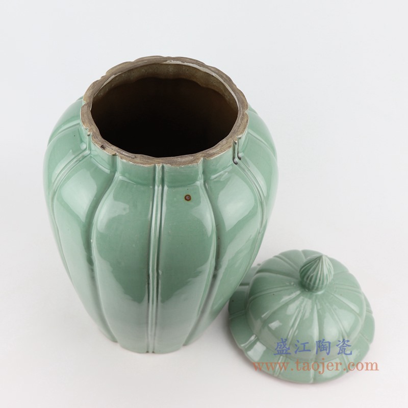 颜色釉影青竖纹瓜楞将军罐;产品编号：RZSC35       产品尺寸(单位cm):  高：50直径：26.8口径：底径：25重量：8.5KG