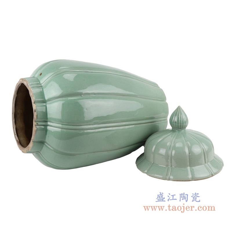颜色釉影青竖纹瓜楞将军罐;产品编号：RZSC35       产品尺寸(单位cm):  高：50直径：26.8口径：底径：25重量：8.5KG