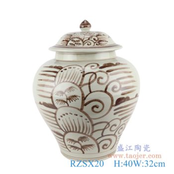 RZSX20  仿古褐色手绘椰子树海草纹将军罐;   高：40直径：32口径：底径：17.5重量：7.2KG