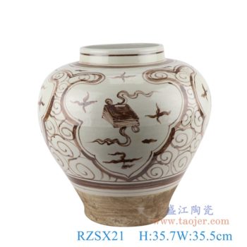RZSX21   仿古褐色开窗博古琴棋书画罐子;      高：35.7直径：35.5口径：底径：18.5重量：6.15KG