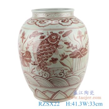 RZSX22   仿古釉里红鱼藻纹冬瓜罐大号     高：41.3直径：33口径：底径：21重量：9.9KG