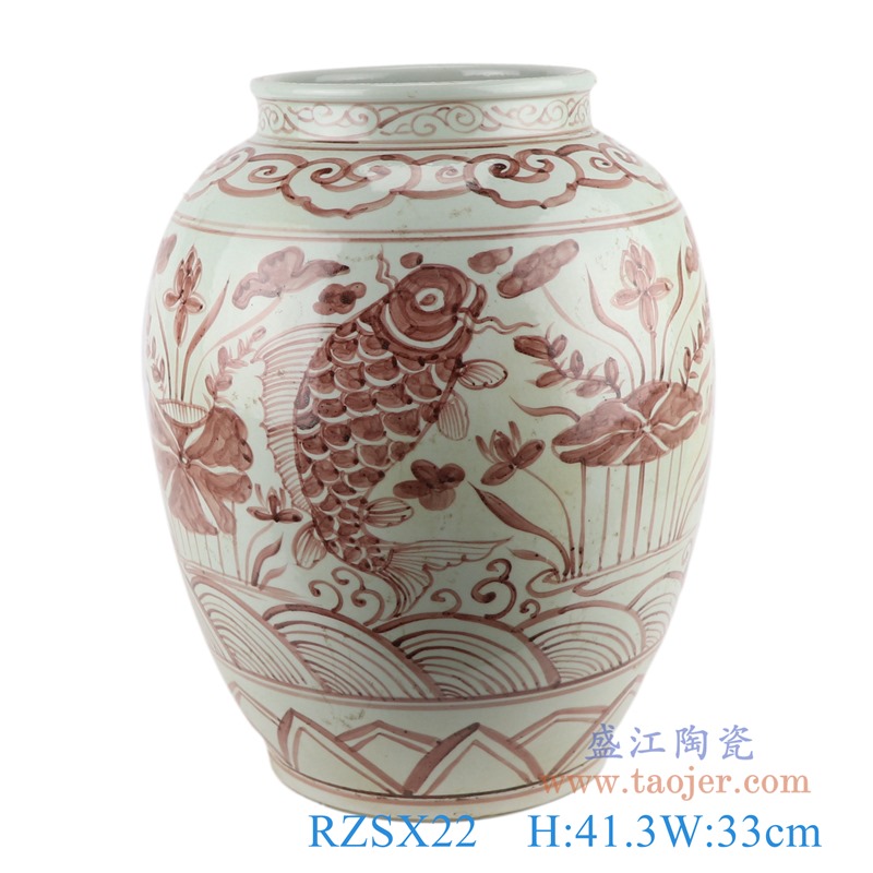仿古釉里红鱼藻纹冬瓜罐大号;产品编号：RZSX22       产品尺寸(单位cm):  高：41.3直径：33口径：底径：21重量：9.9KG