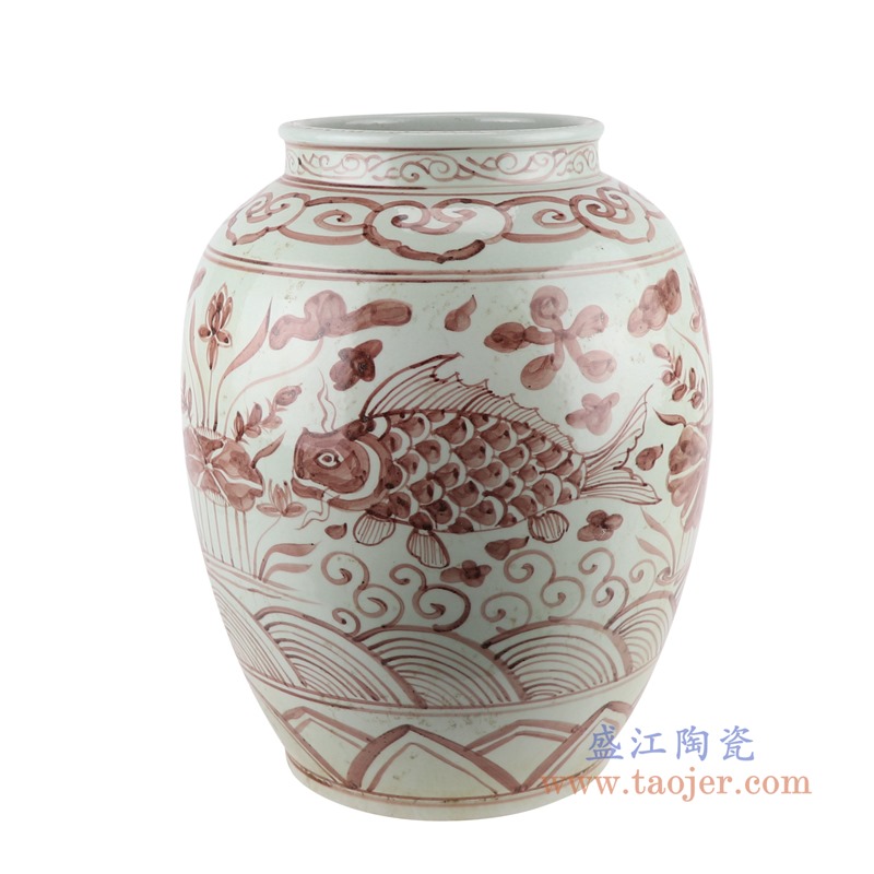 仿古釉里红鱼藻纹冬瓜罐大号;产品编号：RZSX22       产品尺寸(单位cm):  高：41.3直径：33口径：底径：21重量：9.9KG
