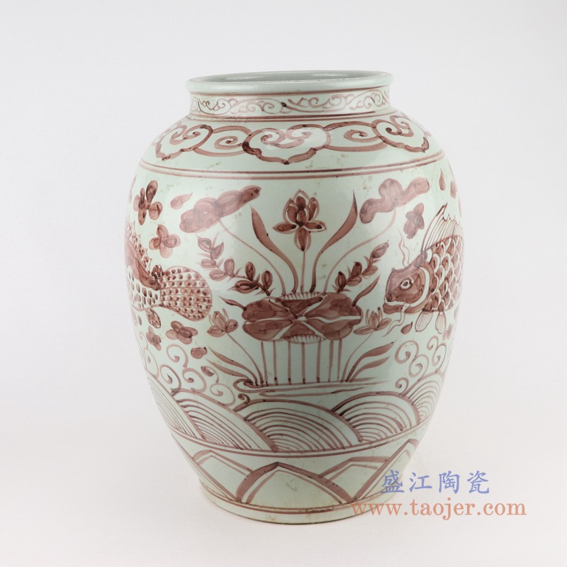 仿古釉里红鱼藻纹冬瓜罐大号;产品编号：RZSX22       产品尺寸(单位cm):  高：41.3直径：33口径：底径：21重量：9.9KG