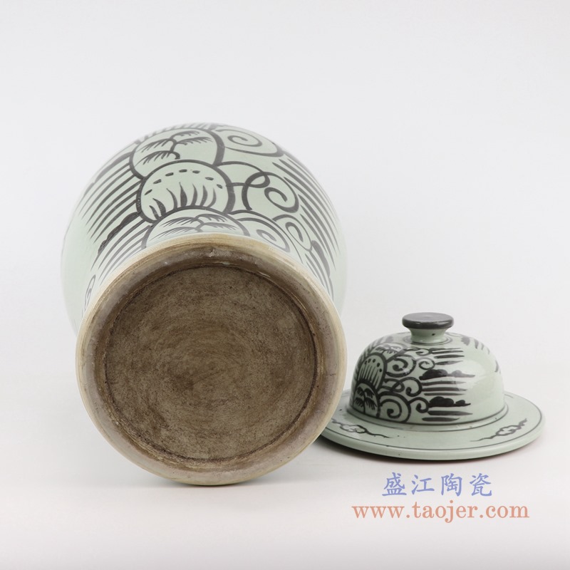 仿古墨彩黑色手绘椰子树海草纹将军罐;产品编号：RZSX23       产品尺寸(单位cm):  高：45.7直径：26.5口径：底径：18.8重量：6.75KG