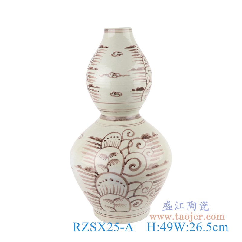 仿古褐色手绘椰子树海草纹葫芦瓶;产品编号：RZSX25-A       产品尺寸(单位cm):  高：49直径：26.5口径：底径：15重量：5.6KG