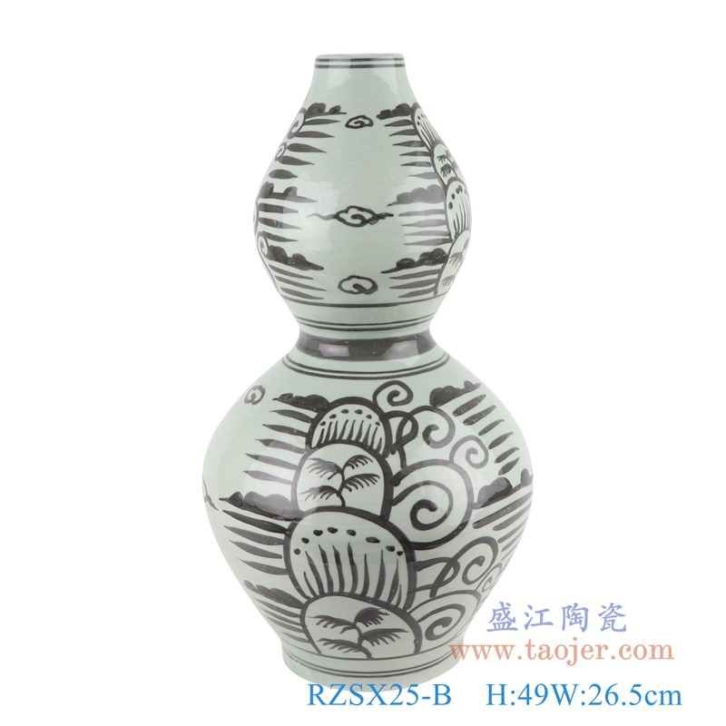 仿古墨彩黑色手绘椰子树海草纹葫芦瓶;产品编号：RZSX25-B       产品尺寸(单位cm):  高：49直径：26.5口径：底径：15重量：5.6KG