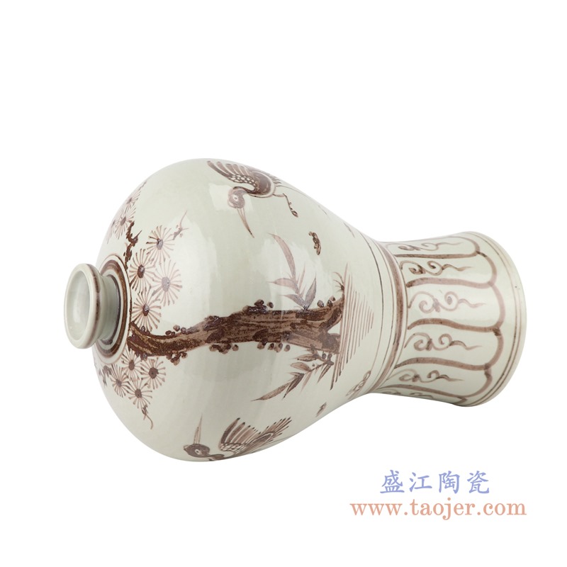 仿古褐色手绘仙鹤花鸟梅瓶;产品编号:RZSX28 产品尺寸(单位cm): 高:40.5直径:25口径:底径:16.7重量:5KG