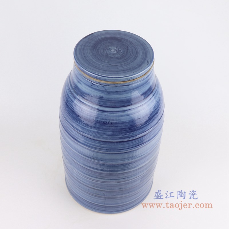 颜色釉蓝色条纹线圈纹直筒冬瓜罐中号;产品编号：RZSX31-A-M       产品尺寸(单位cm):  高：39直径：22.5口径：底径：22.2重量：6.6KG