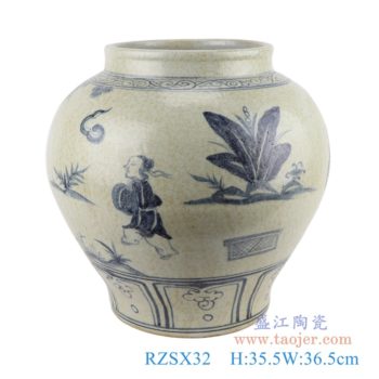 RZSX32   青花手绘人物罐     高：35.5直径：36.5口径：底径：21.5重量：11.6KG