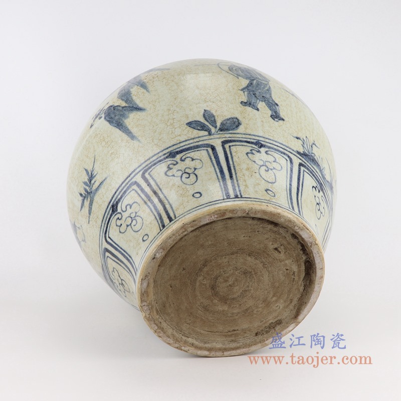 青花手绘人物罐;产品编号：RZSX32       产品尺寸(单位cm):  高：35.5直径：36.5口径：底径：21.5重量：11.6KG