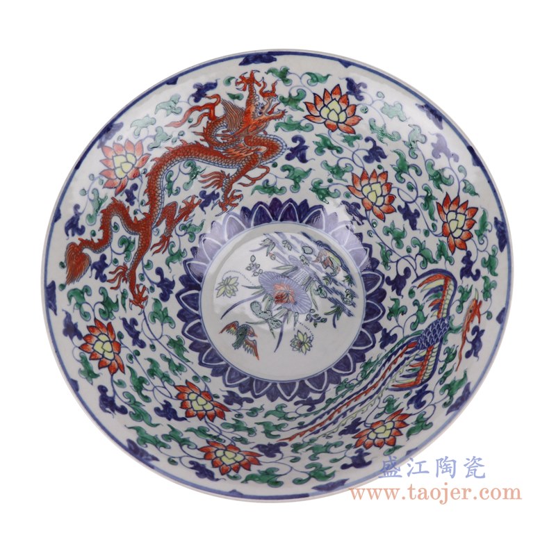 仿古彩色古彩五彩缠枝莲龙纹斗笠碗大碗;产品编号：RZSZ05-G       产品尺寸(单位cm):  高：14直径：31口径：底径：12重量：2KG