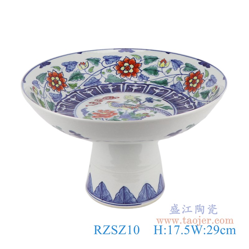 仿古古彩五彩缠枝莲花卉高脚果盘;产品编号：RZSZ10       产品尺寸(单位cm):  高：17.5直径：29口径：底径：12重量：2.4KG