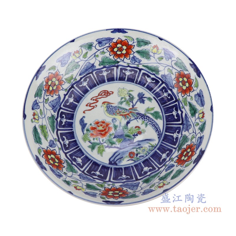 仿古古彩五彩缠枝莲花卉高脚果盘;产品编号：RZSZ10       产品尺寸(单位cm):  高：17.5直径：29口径：底径：12重量：2.4KG