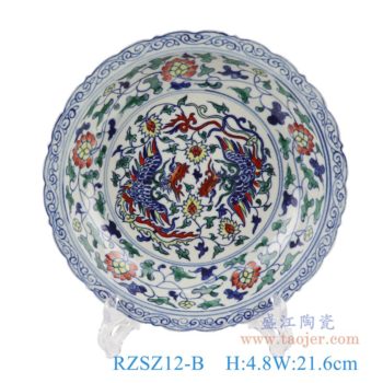 RZSZ12-B   仿古古彩五彩花边缠枝莲双凤凰盘     高：4.8直径：21.6口径：底径：13.2重量：0.5KG