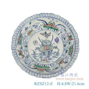 RZSZ12-E   仿古古彩五彩花边鸳鸯戏水荷花盘    高：4.8直径：21.6口径：底径：13.2重量：0.5KG