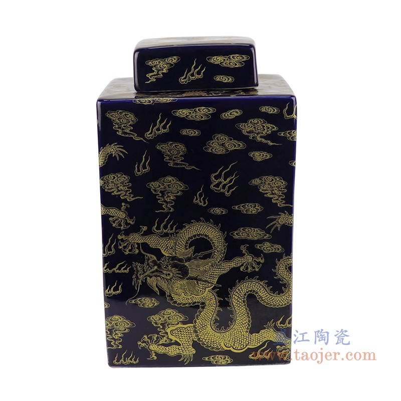 颜色釉黑色黑底金龙纹四方罐茶叶罐;产品编号:RZTU01 产品尺寸(单位cm): 高:30直径:19口径:底径:17重量:3.7KG
