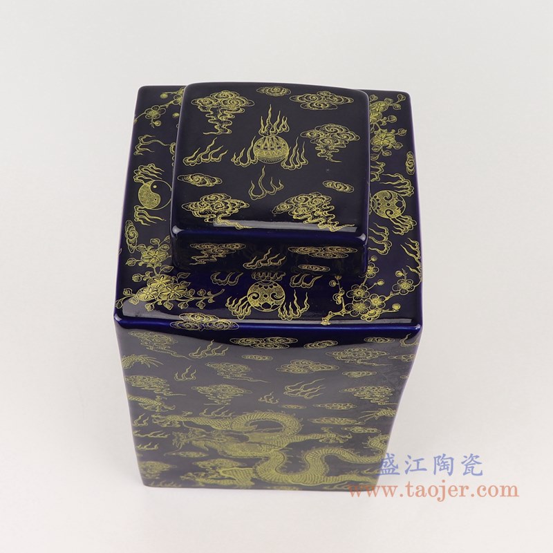 颜色釉黑色黑底金龙纹四方罐茶叶罐;产品编号:RZTU01 产品尺寸(单位cm): 高:30直径:19口径:底径:17重量:3.7KG