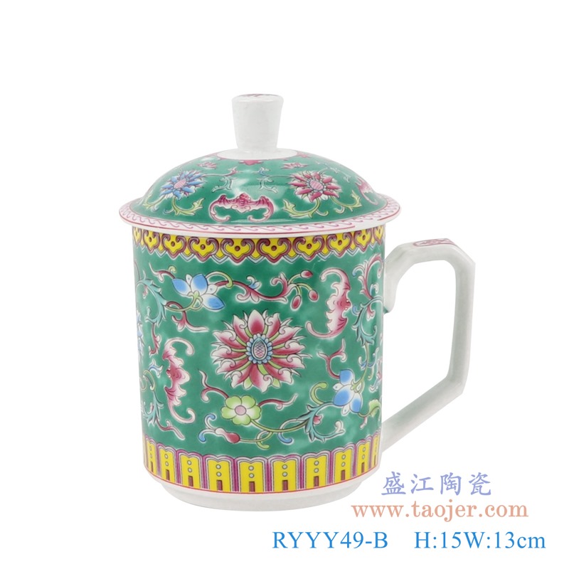 珐琅彩绿色绿底缠枝莲办公杯;产品编号：RYYY49-B       产品尺寸(单位cm):  高：15直径：13口径：底径：7.5重量：0.35KG