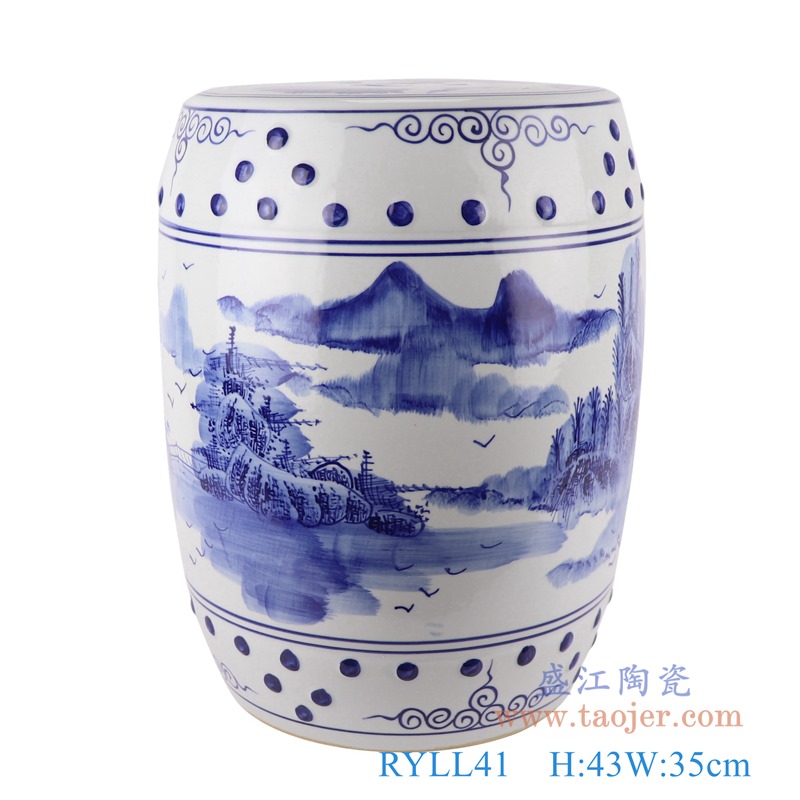 青花山水鼓凳子凉墩;产品编号:RYLL41 产品尺寸(单位cm): 高:43直径:35口径:底径:26重量:KG