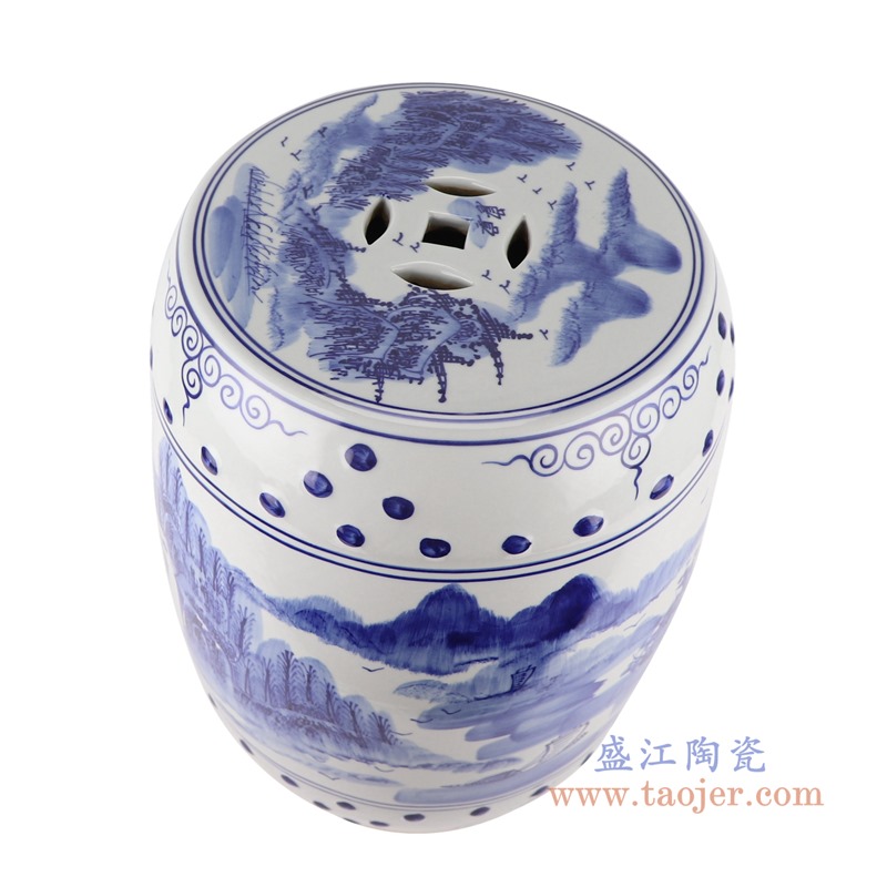 青花山水鼓凳子凉墩;产品编号:RYLL41 产品尺寸(单位cm): 高:43直径:35口径:底径:26重量:KG