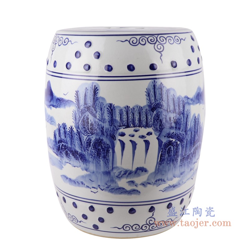 青花山水鼓凳子凉墩;产品编号:RYLL41 产品尺寸(单位cm): 高:43直径:35口径:底径:26重量:KG