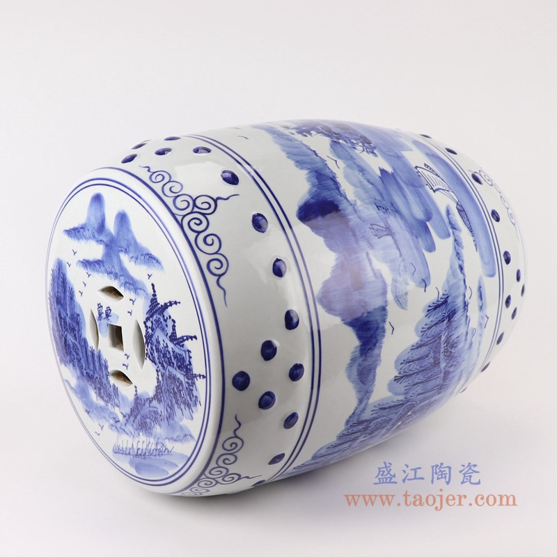 青花山水鼓凳子凉墩;产品编号:RYLL41 产品尺寸(单位cm): 高:43直径:35口径:底径:26重量:KG